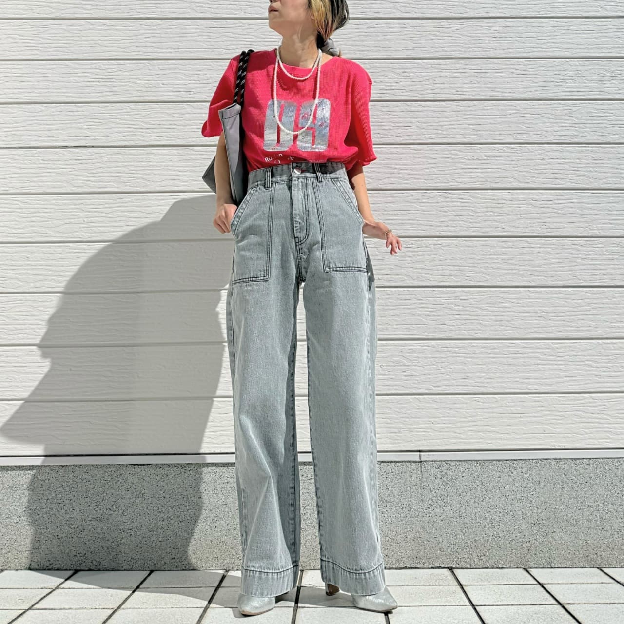 ワッフル半袖トップス レッド Free