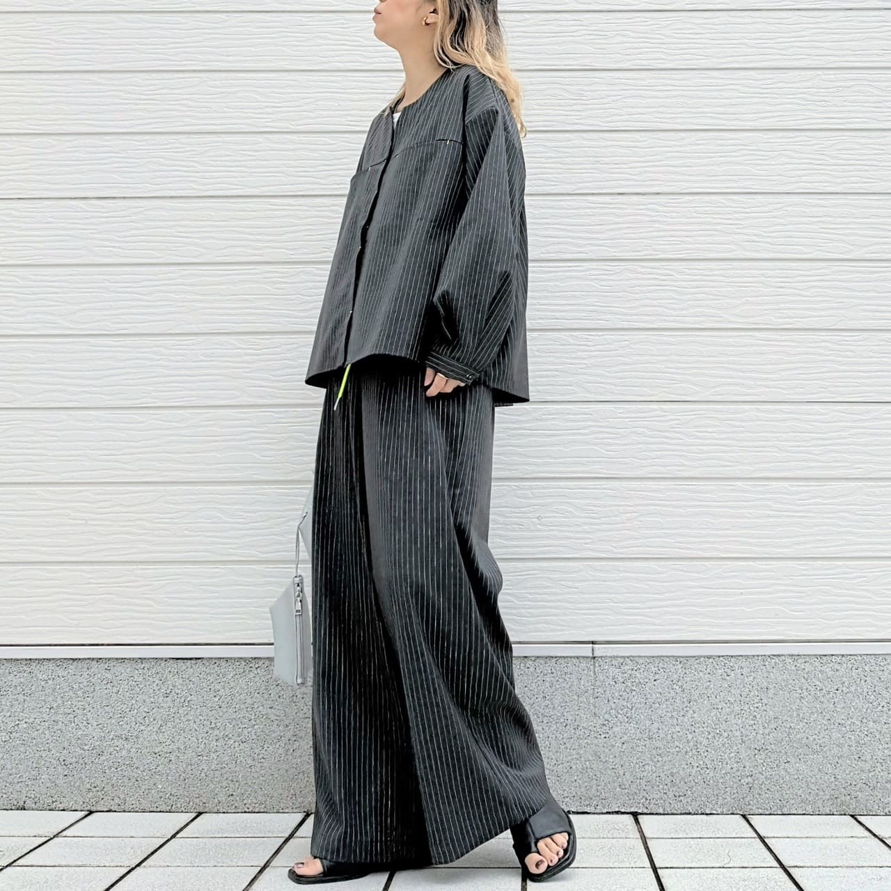 【セットアップ対応アイテム】ストライプウエストギャザーワイドパンツ アイボリー Free