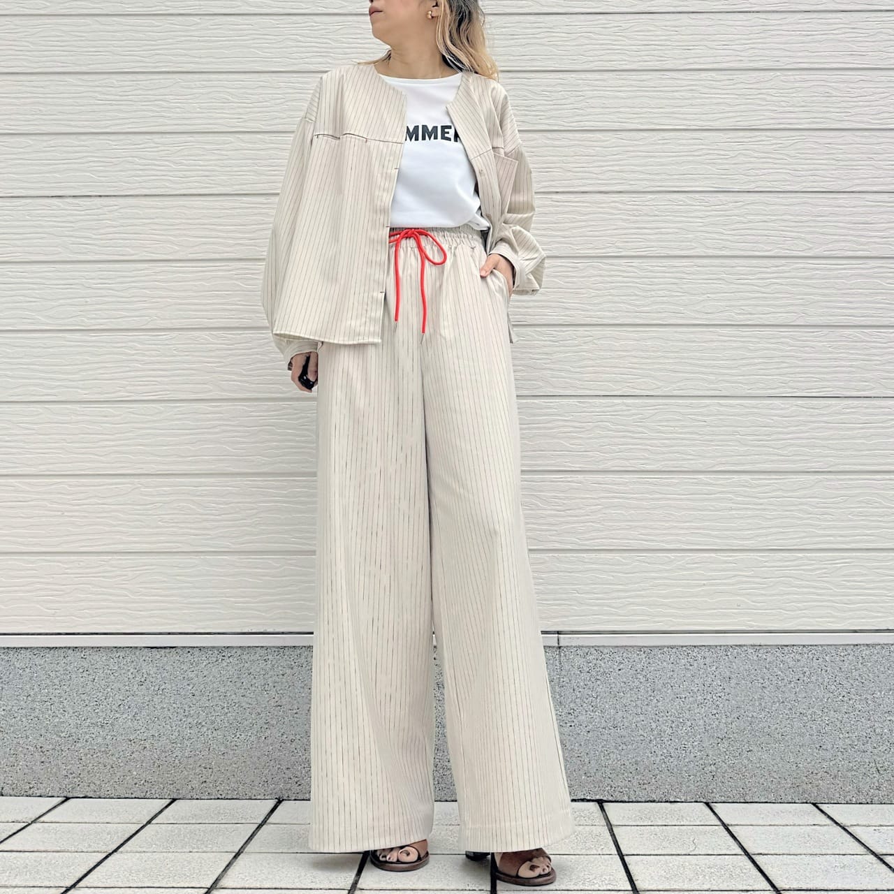 【セットアップ対応アイテム】ストライプシャツジャケット アイボリー Free