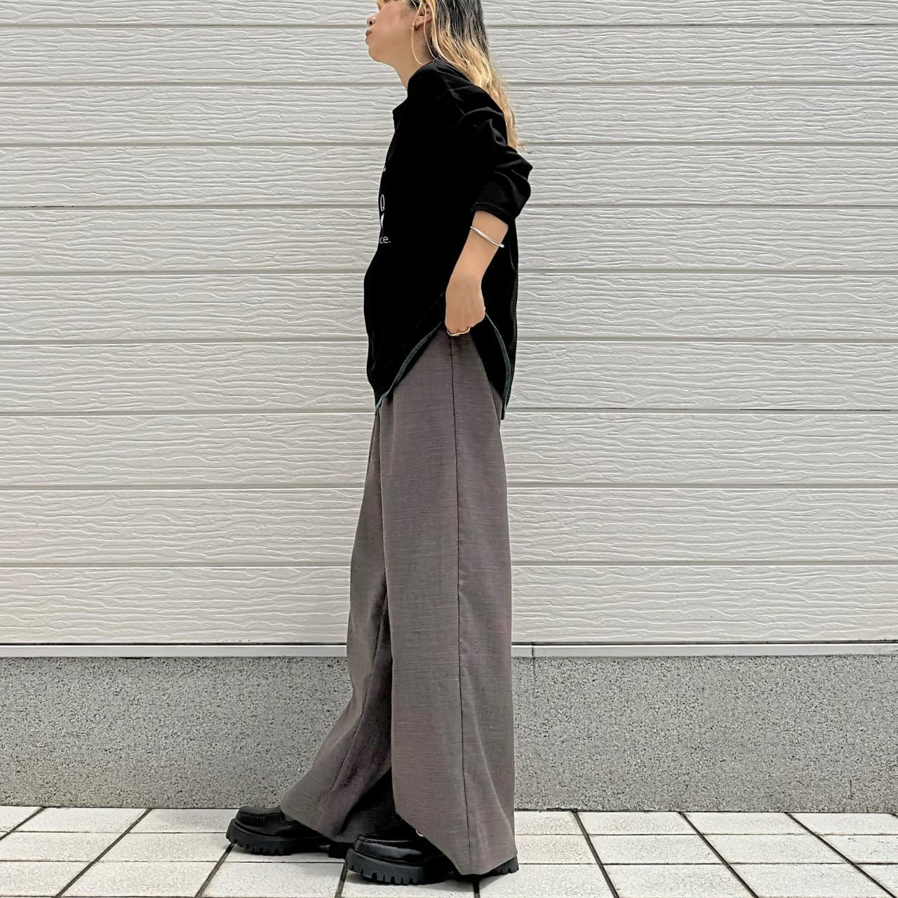 ウエストリブチェックパンツ　ブラック 26AW予約】ウエストリブチェックパンツ(Free グレーチェック