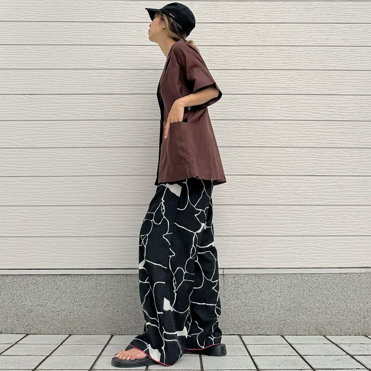 ドローイングプリントリラックスパンツ ホワイト Free