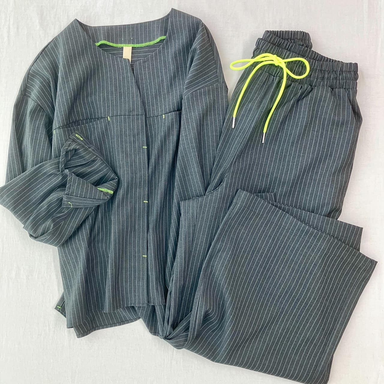 【セットアップ対応アイテム】ストライプウエストギャザーワイドパンツ アイボリー Free