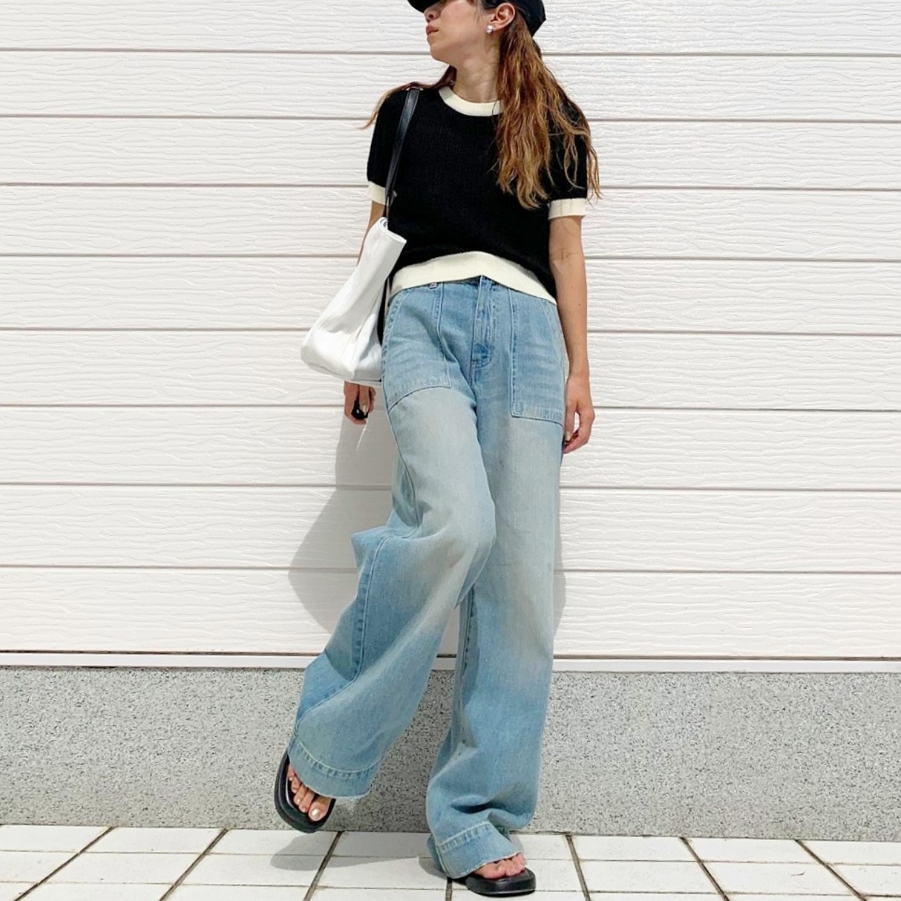 バイカラーケーブル半袖ニット ブラック Free