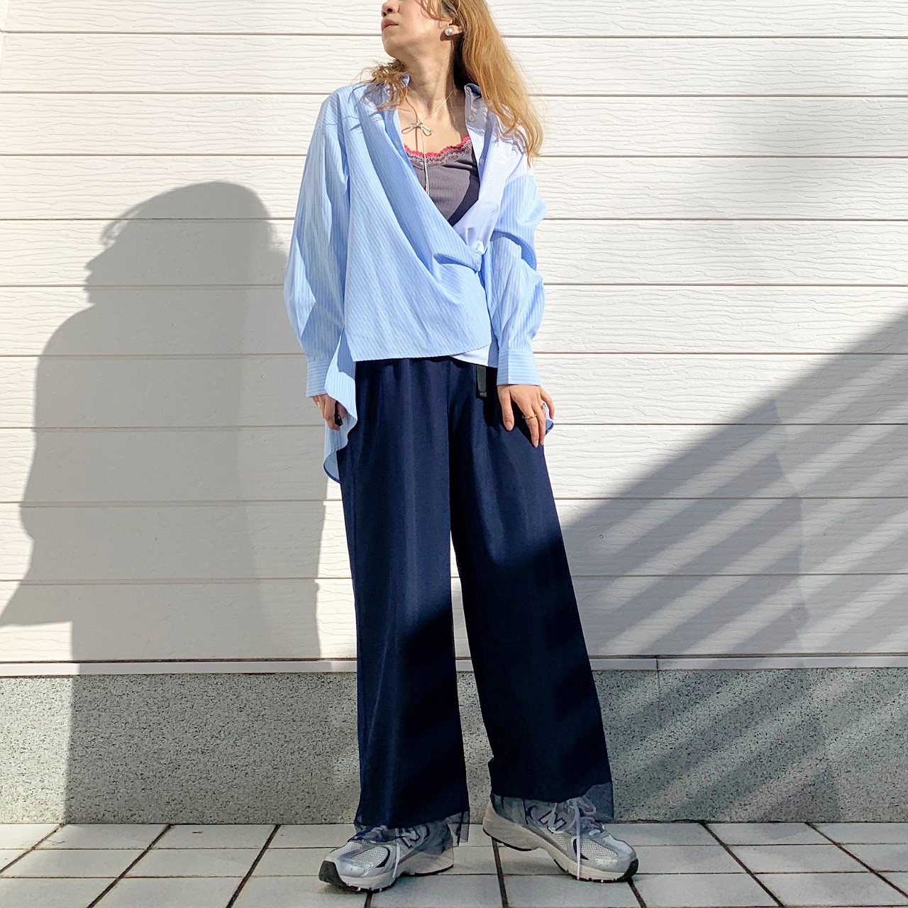 ストライプドッキングシャツ ブルー系 Free