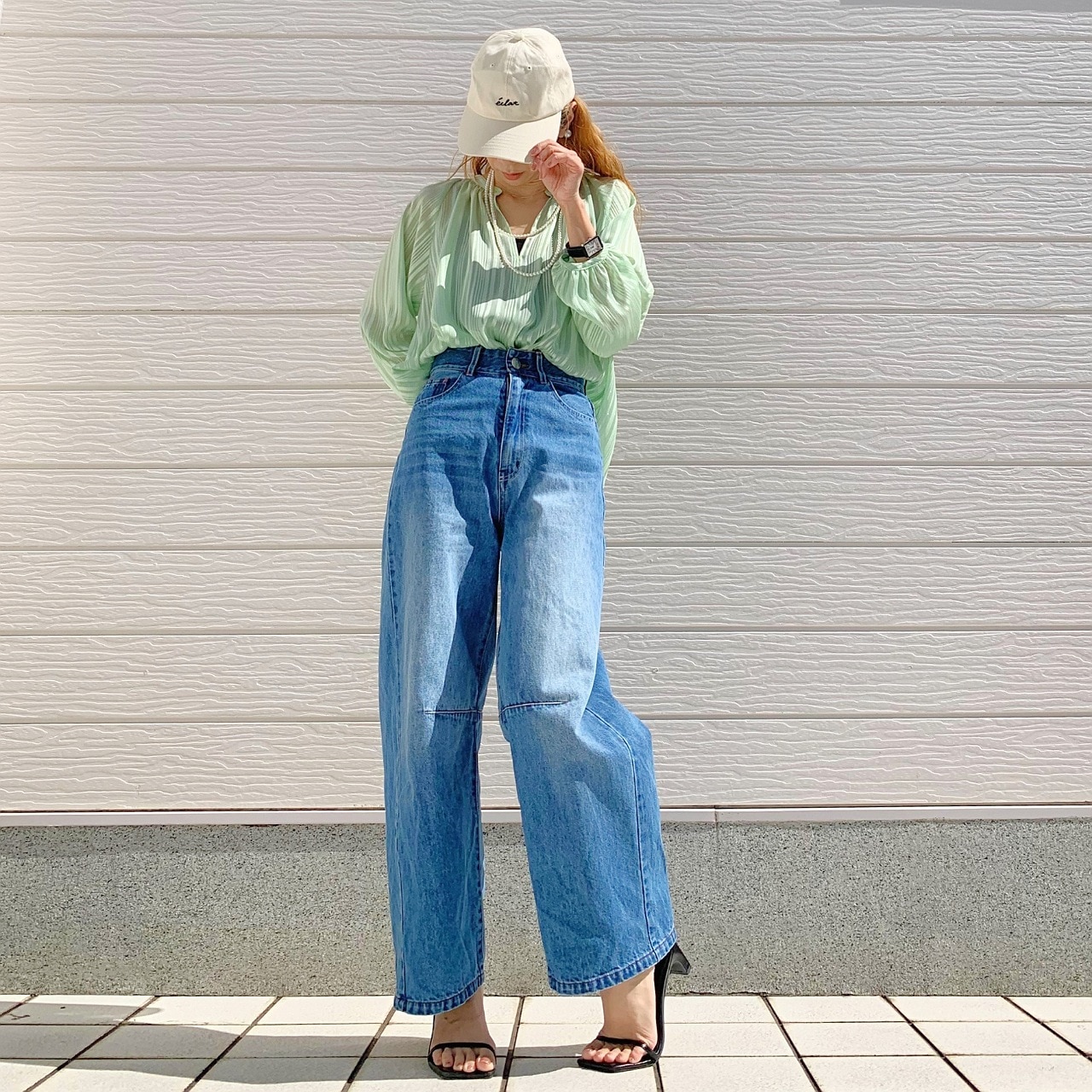 ラメストライプエアシャイブラウス グリーン Free