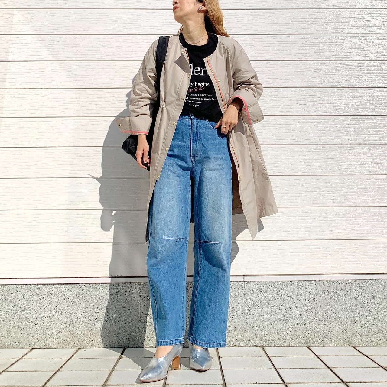 ノーカラードット釦コート ベージュ Free