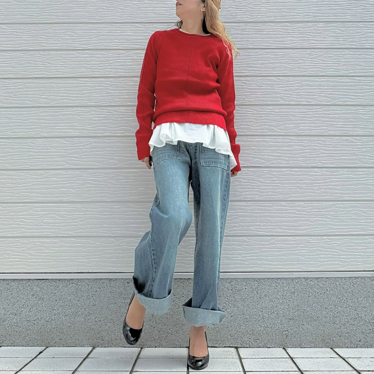 やわもちラインクルーネックニット レッド Free