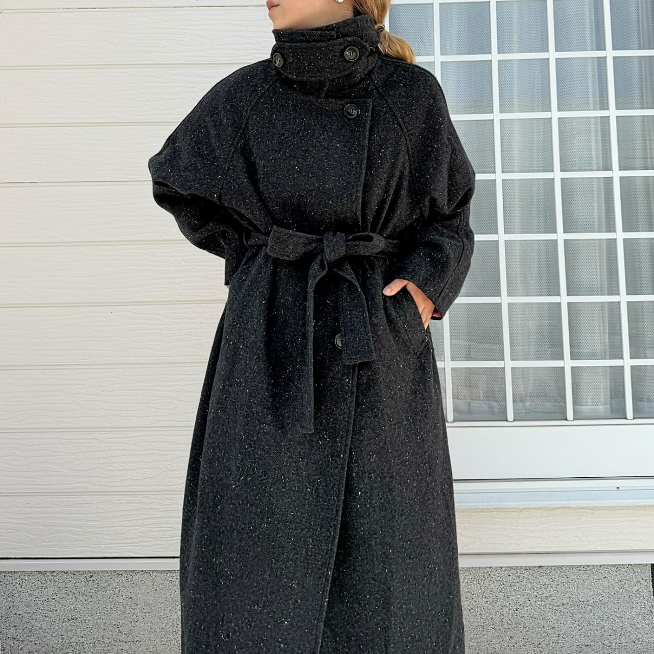 ヘリンボーンスタンドロングコート ブラウン Free