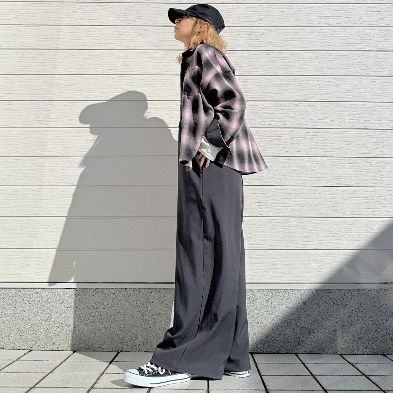 シャドーチェックオーバーサイズシャツ ピンク Free