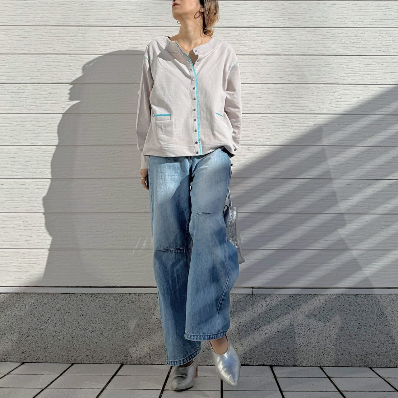 ミニ裏毛ラインボックスカーデ ライトグレー Free