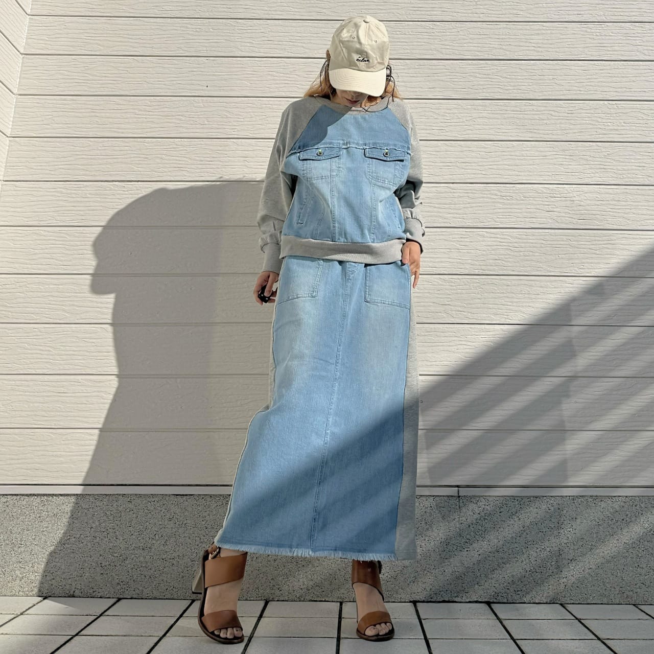 デニム裏毛ドッキングトレーナー ライトブルー Free