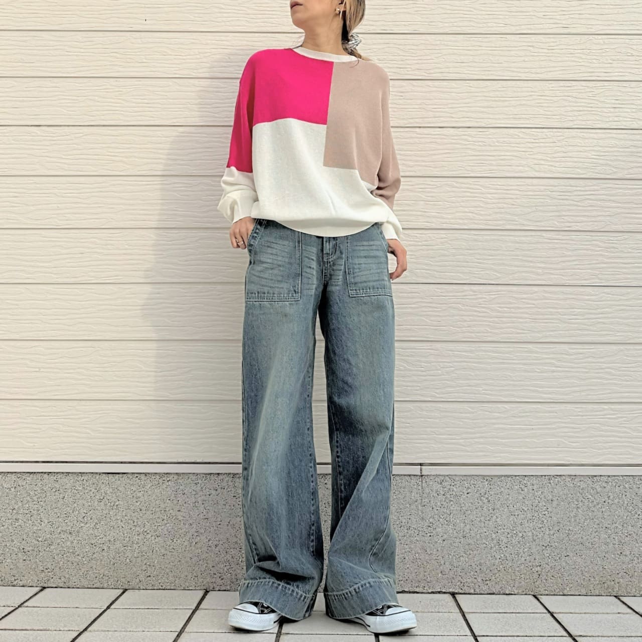 ブロッキングカラーニット ライム Free