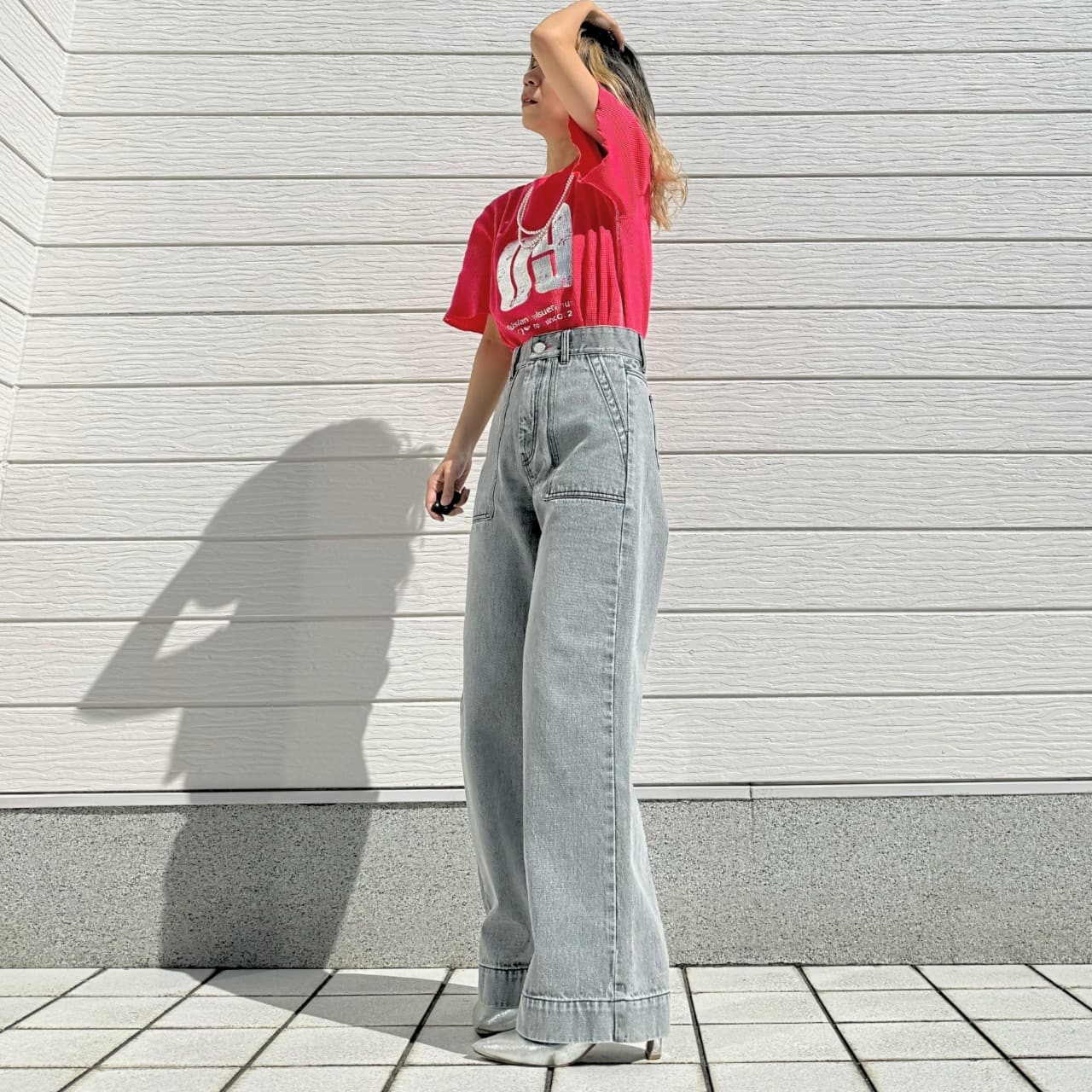 ワッフル半袖トップス レッド Free