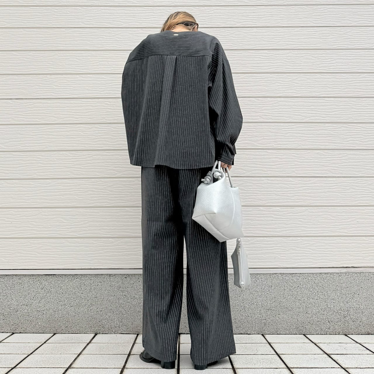 【セットアップ対応アイテム】ストライプウエストギャザーワイドパンツ アイボリー Free