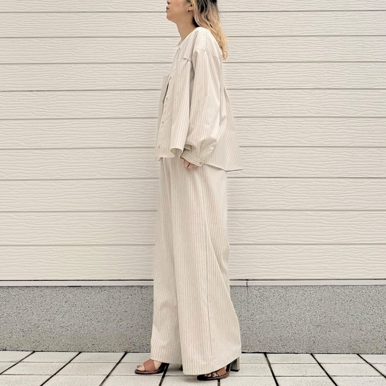 【セットアップ対応アイテム】ストライプシャツジャケット アイボリー Free