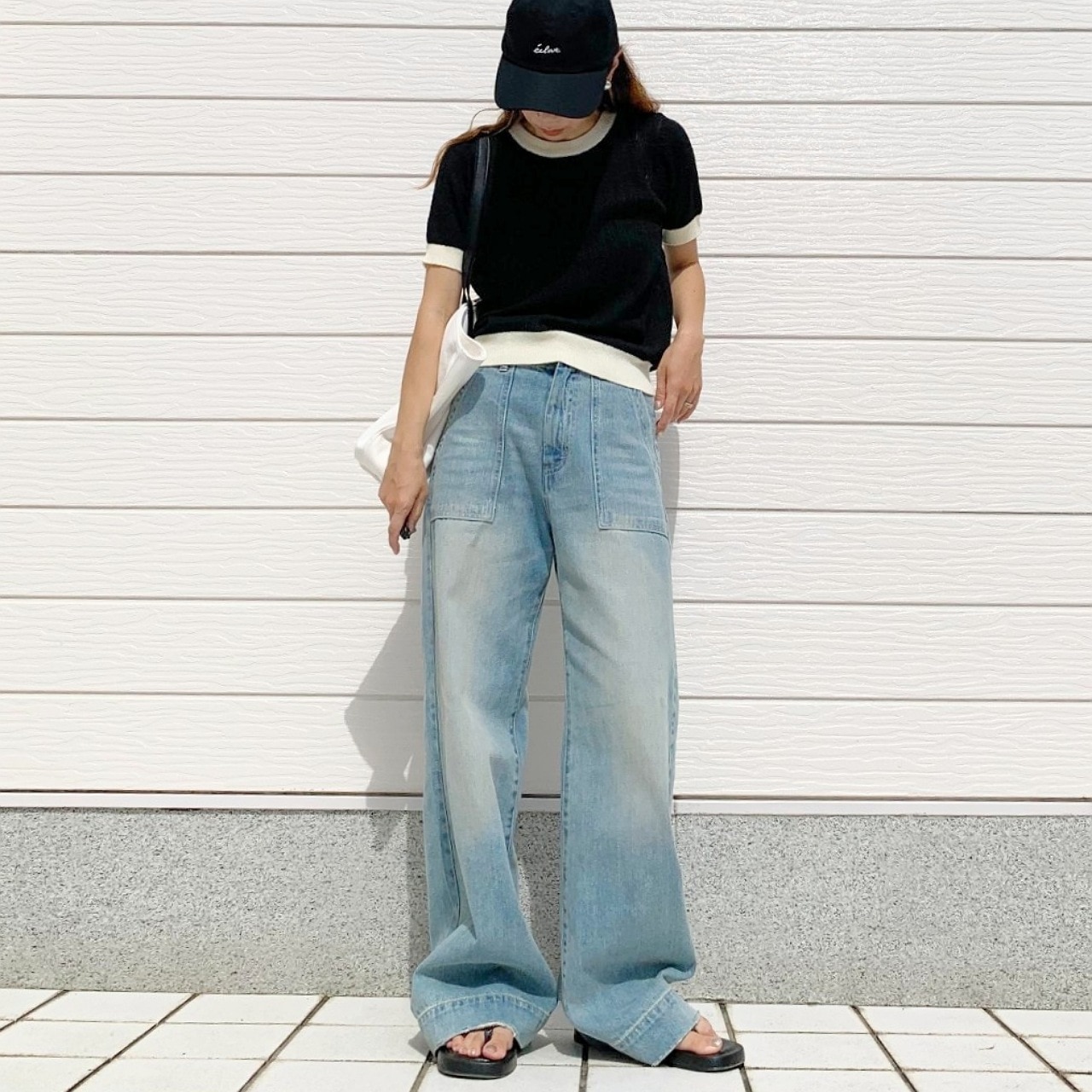 バイカラーケーブル半袖ニット ブラック Free