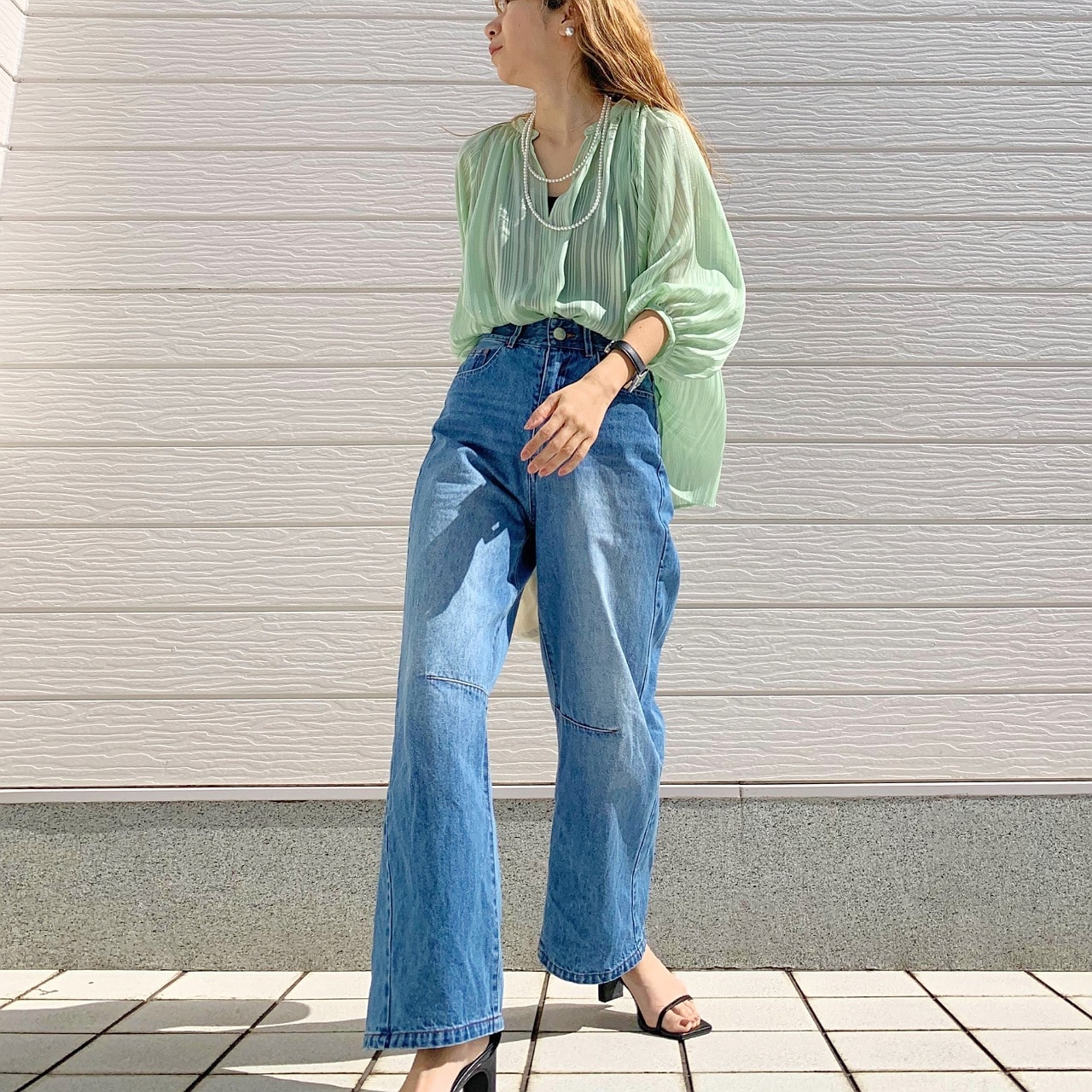 ラメストライプエアシャイブラウス グリーン Free