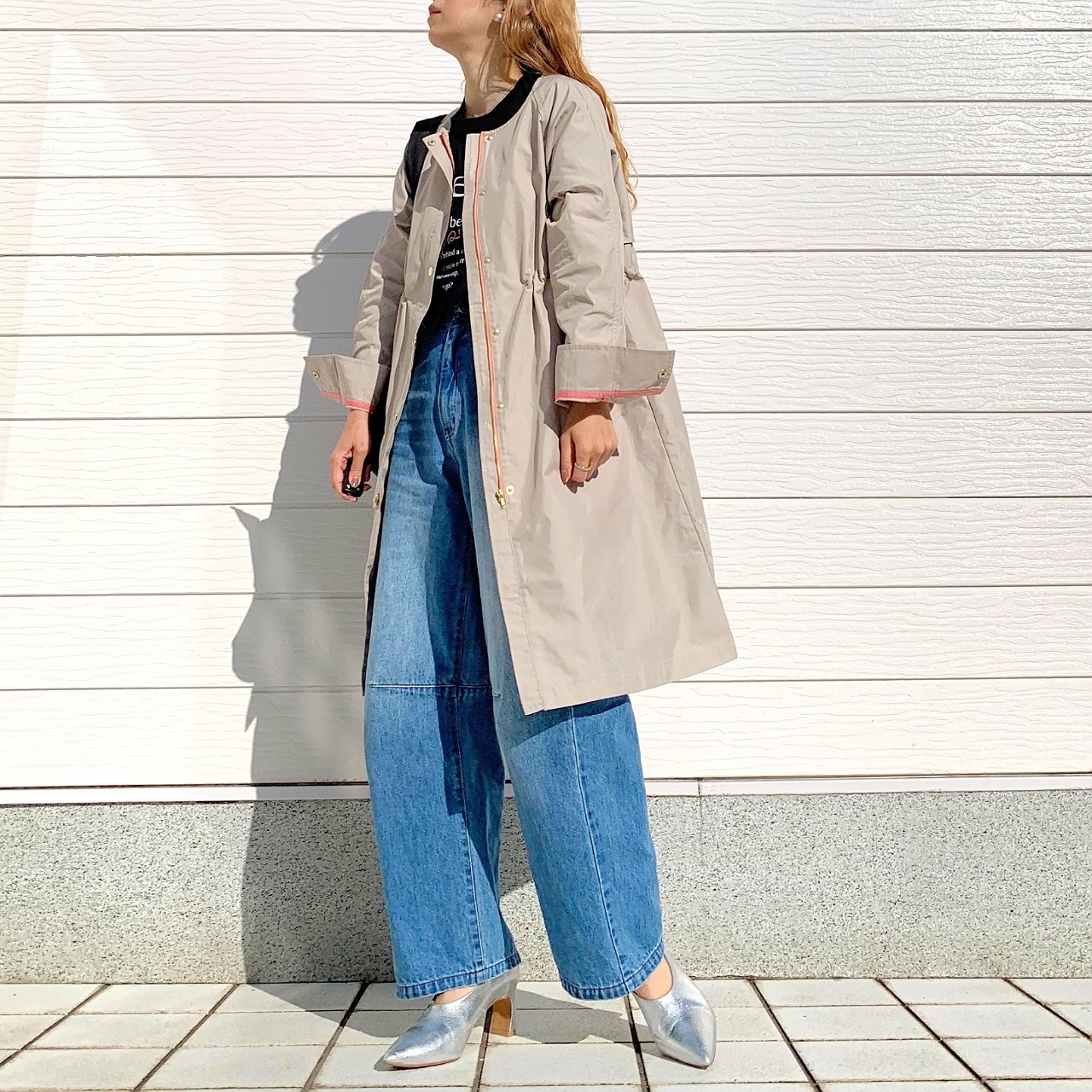 ノーカラードット釦コート ベージュ Free