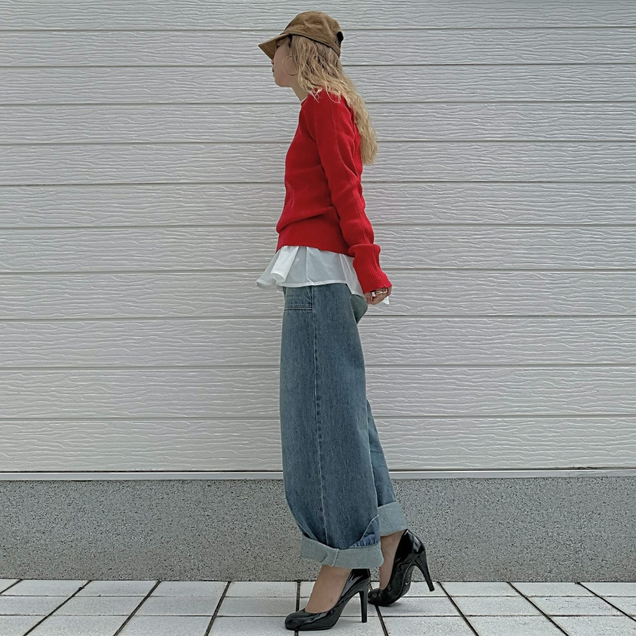 やわもちラインクルーネックニット レッド Free