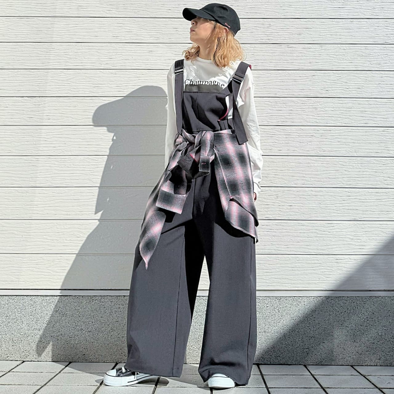 シャドーチェックオーバーサイズシャツ ピンク Free