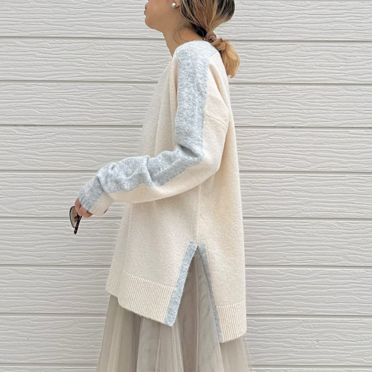 やわもちラインクルーネックニット ブルー Free