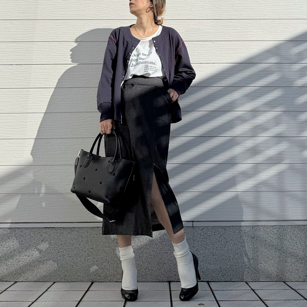 ミニ裏毛ラインボックスカーデ ライトグレー Free