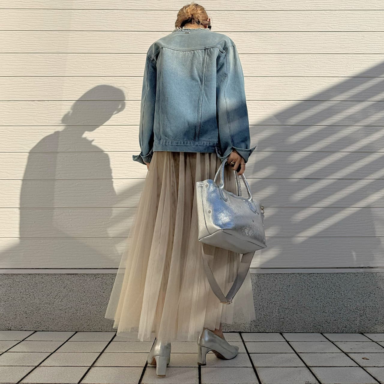 ノーカラーデニムブルゾン サックス Free