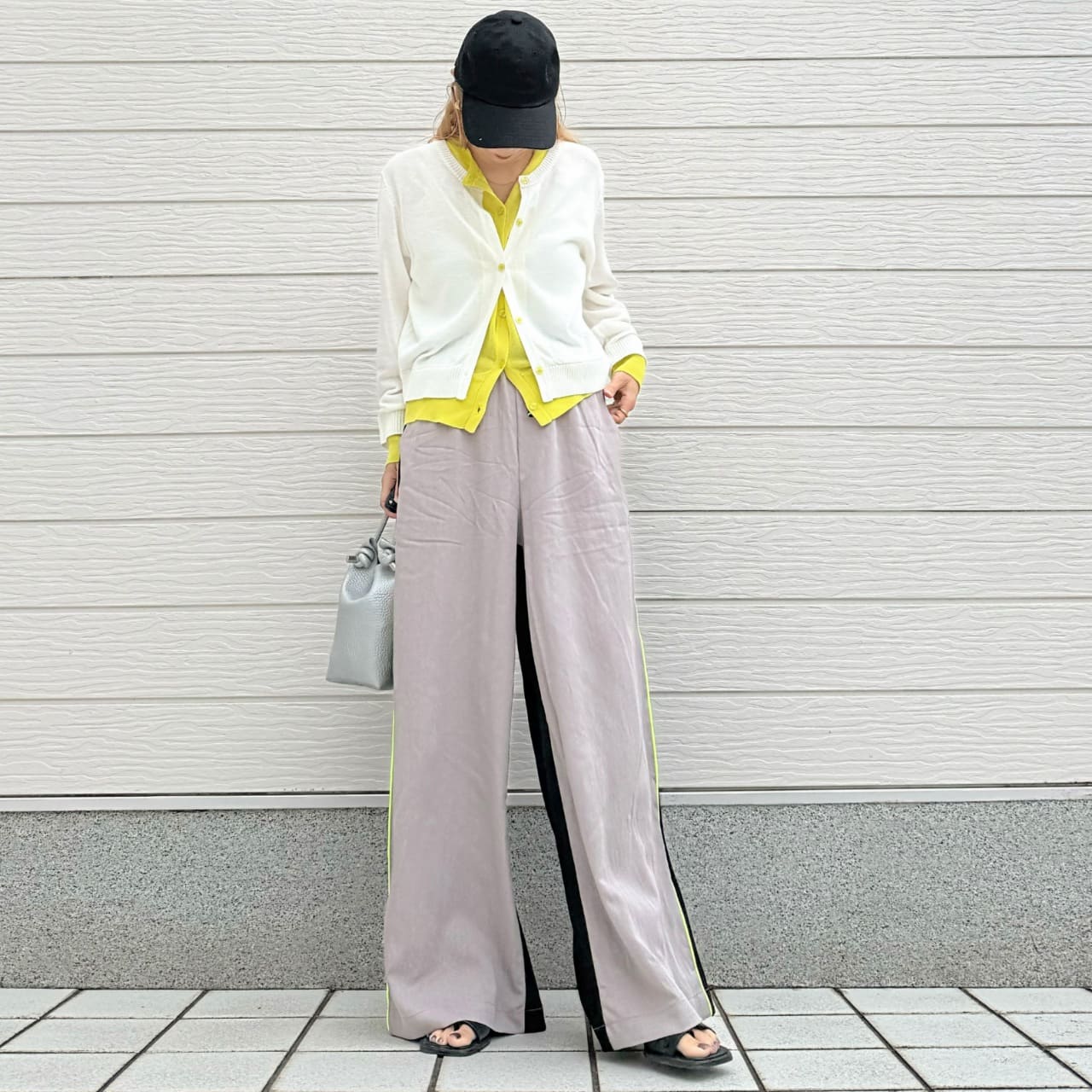 レイヤード風バイカラーカーデ ホワイト×イエロー Free