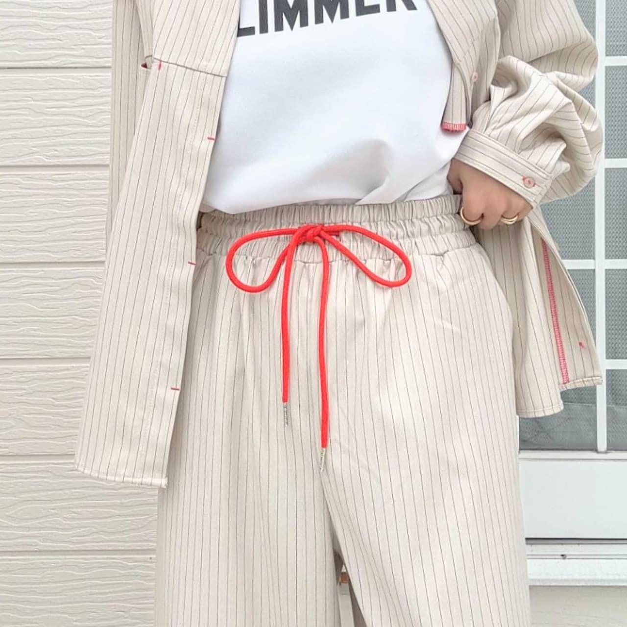 【セットアップ対応アイテム】ストライプウエストギャザーワイドパンツ アイボリー Free