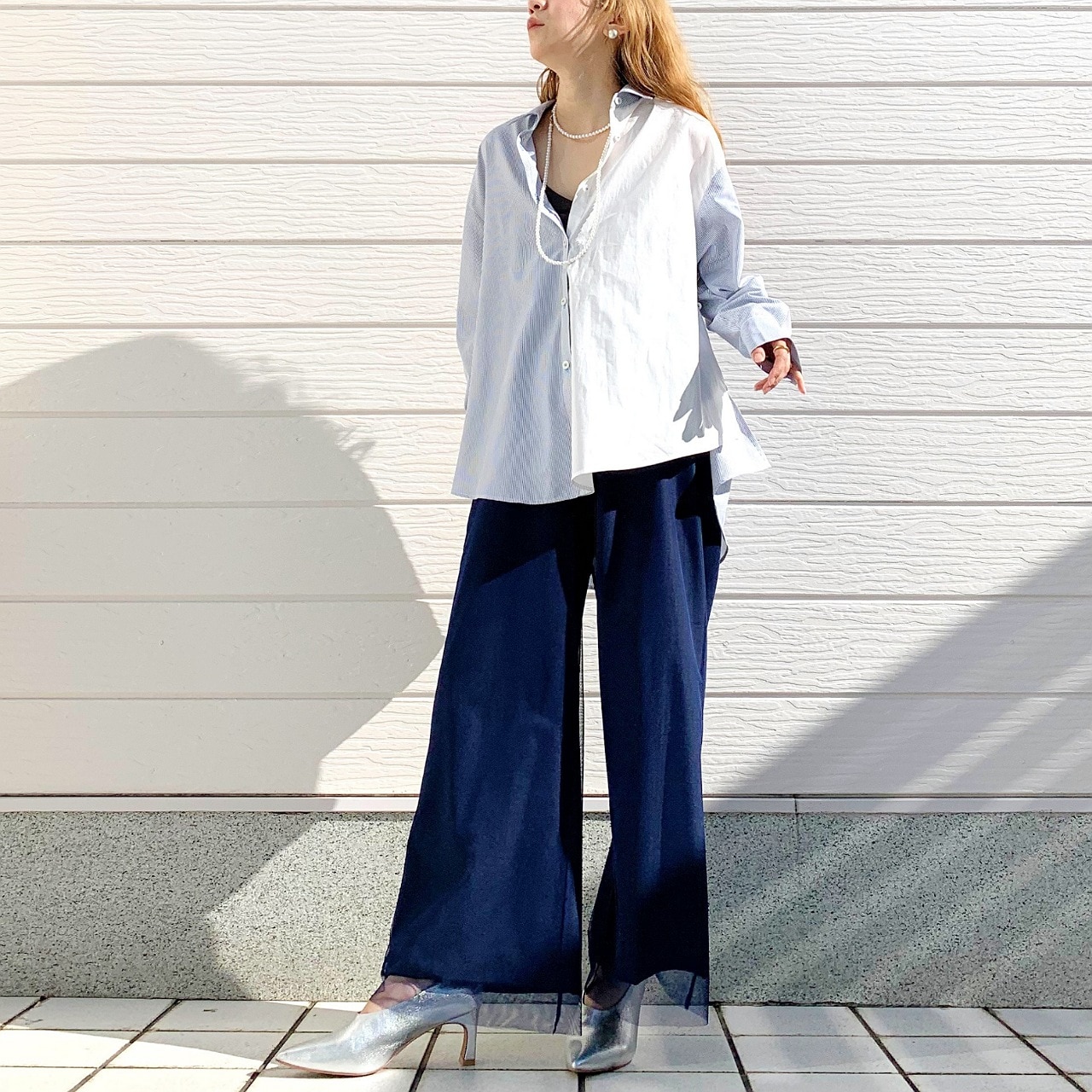 ストライプドッキングシャツ ブルー系 Free