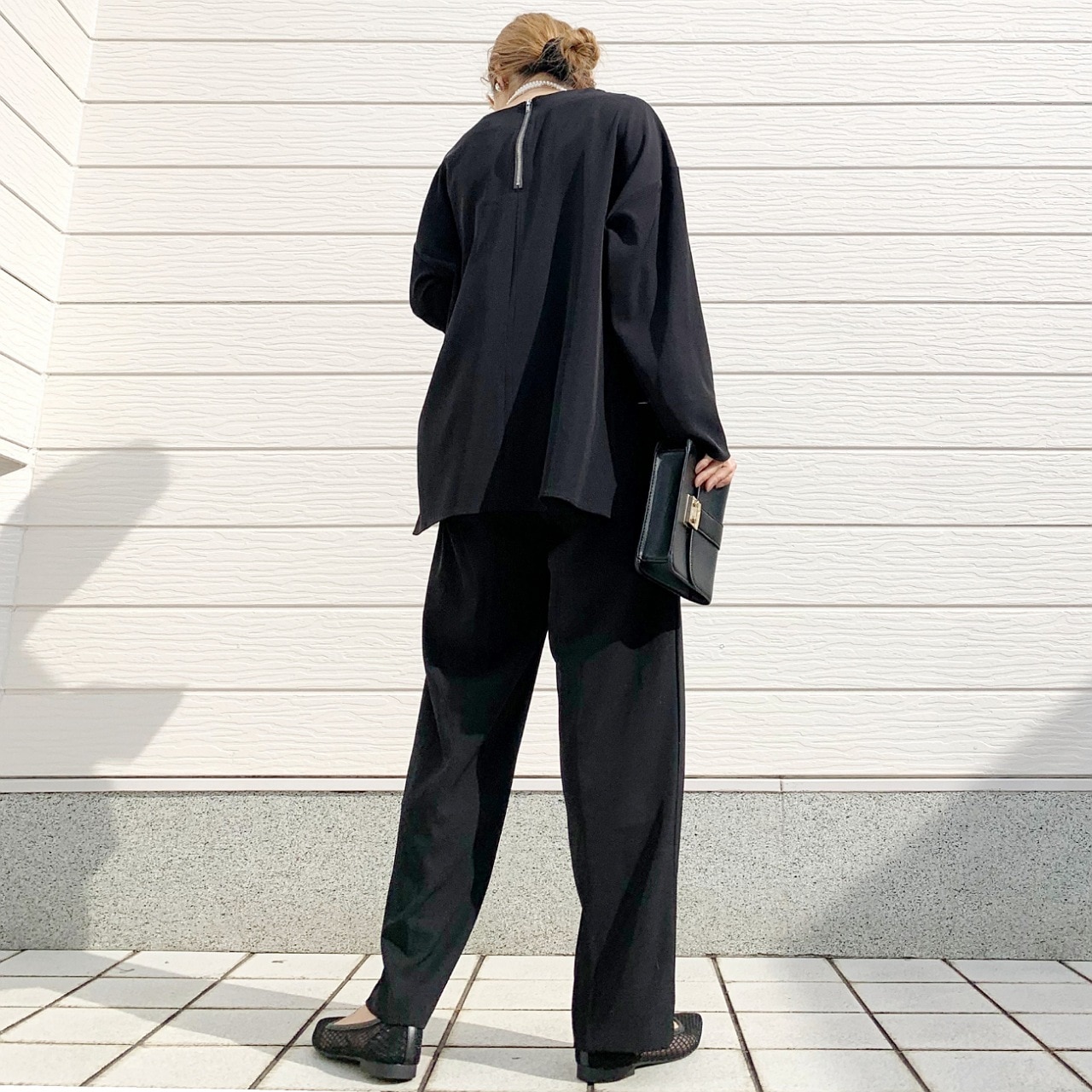 【セットアップ対応アイテム】クルーネック袖スリットブラウス ブラック Free