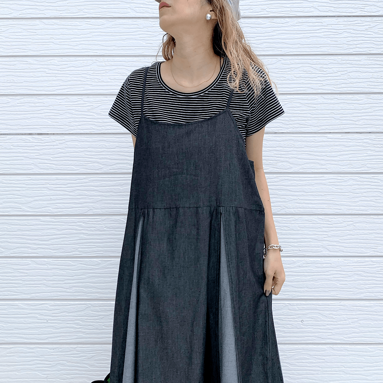 ライトデニムバイカラーキャミワンピ インディゴ Free