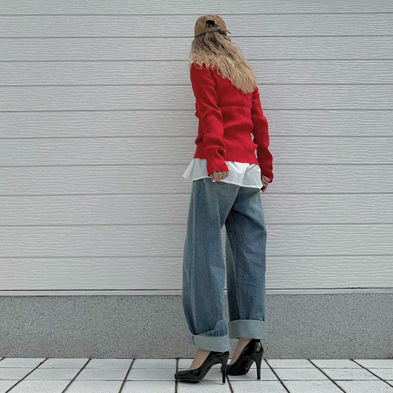 やわもちラインクルーネックニット レッド Free