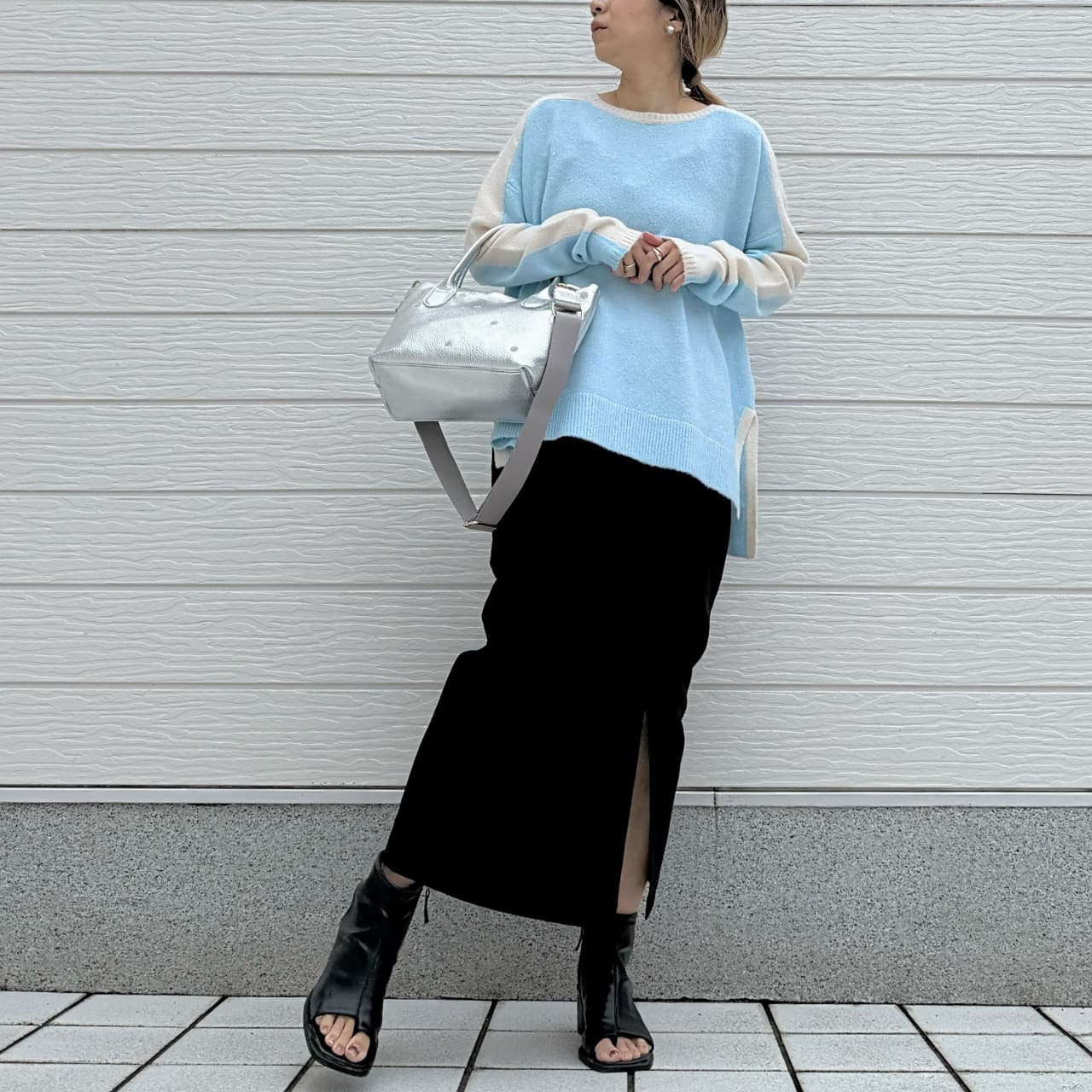 やわもちラインクルーネックニット ブルー Free