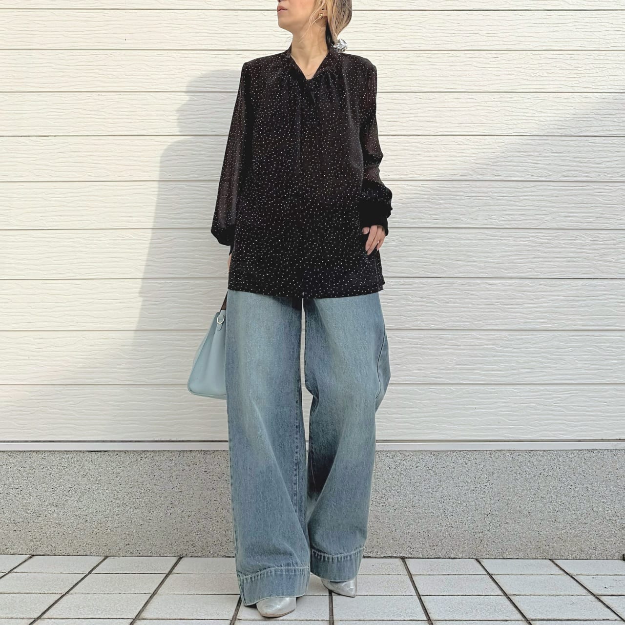 結びボウタイリブブラウス ホワイト Free