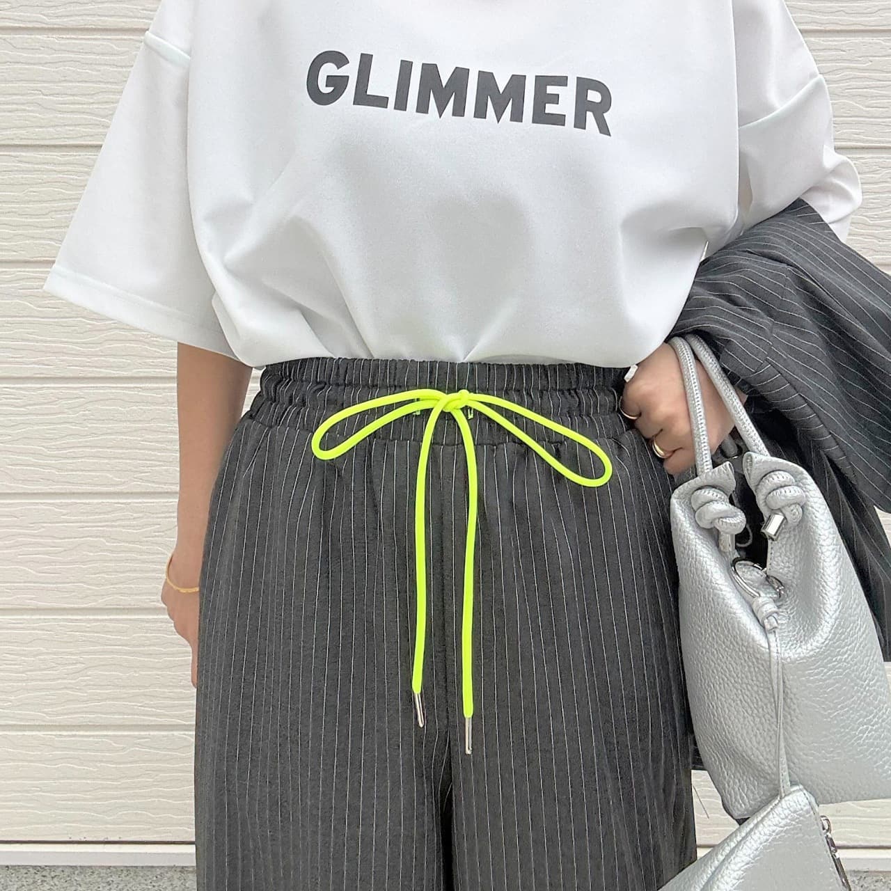 【セットアップ対応アイテム】ストライプウエストギャザーワイドパンツ アイボリー Free