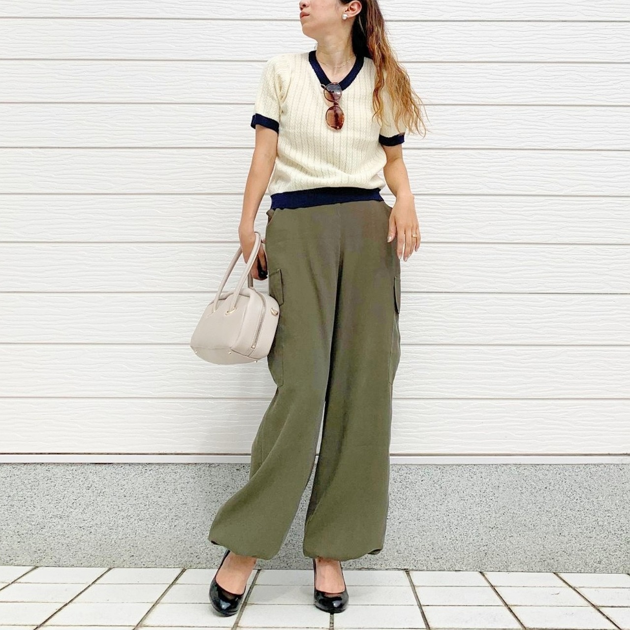 バイカラーケーブル半袖ニット ブラック Free