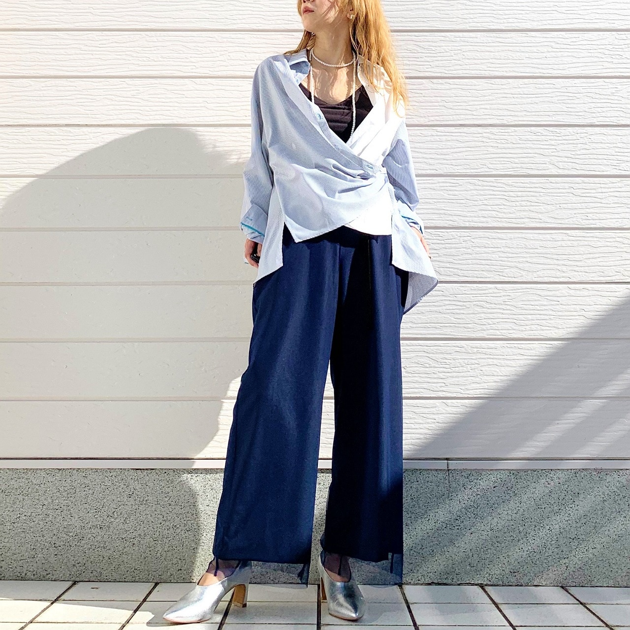 ストライプドッキングシャツ ブルー系 Free