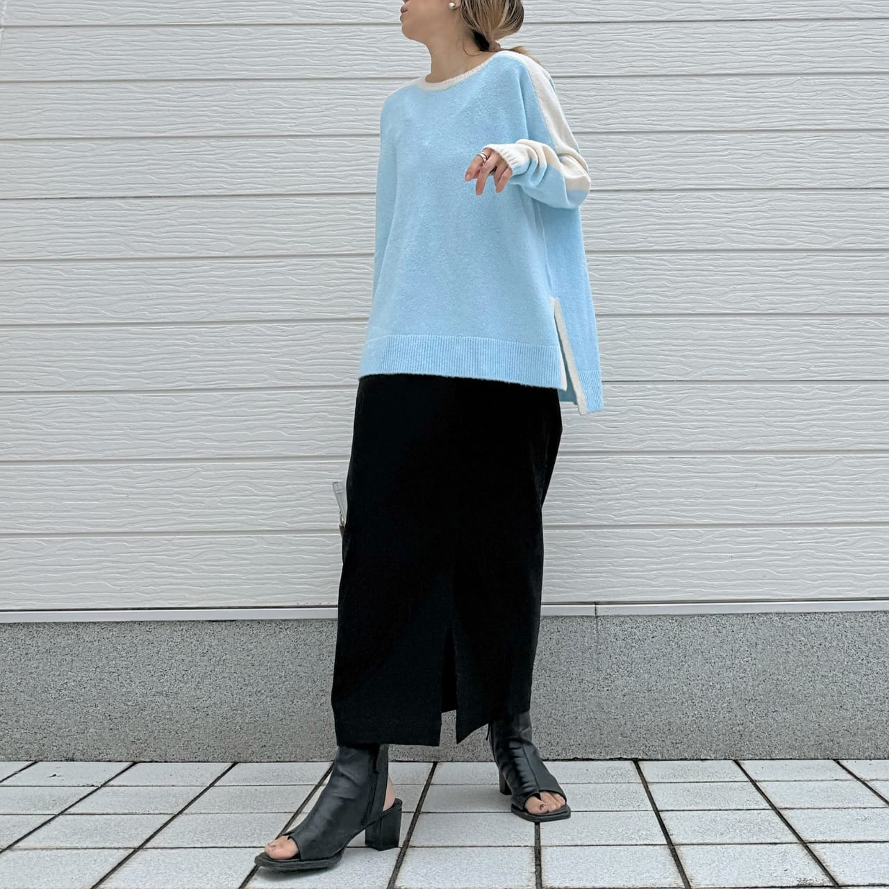 やわもちラインクルーネックニット ブルー Free