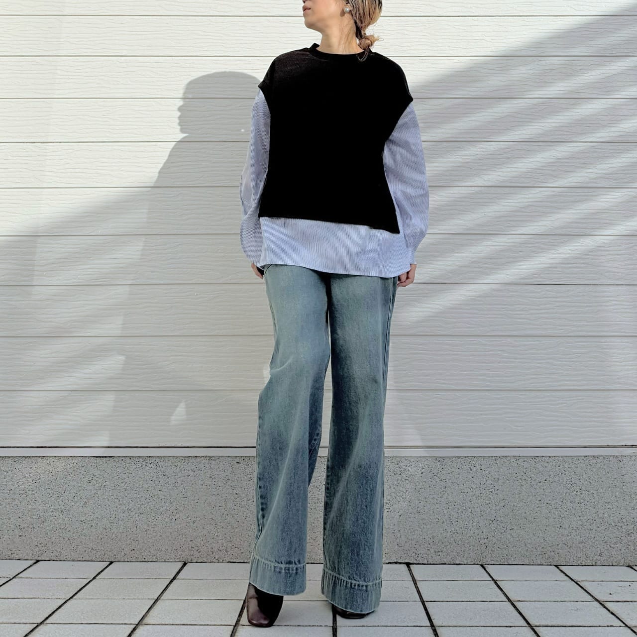 ストライプシャツドッキングニット ホワイト Free