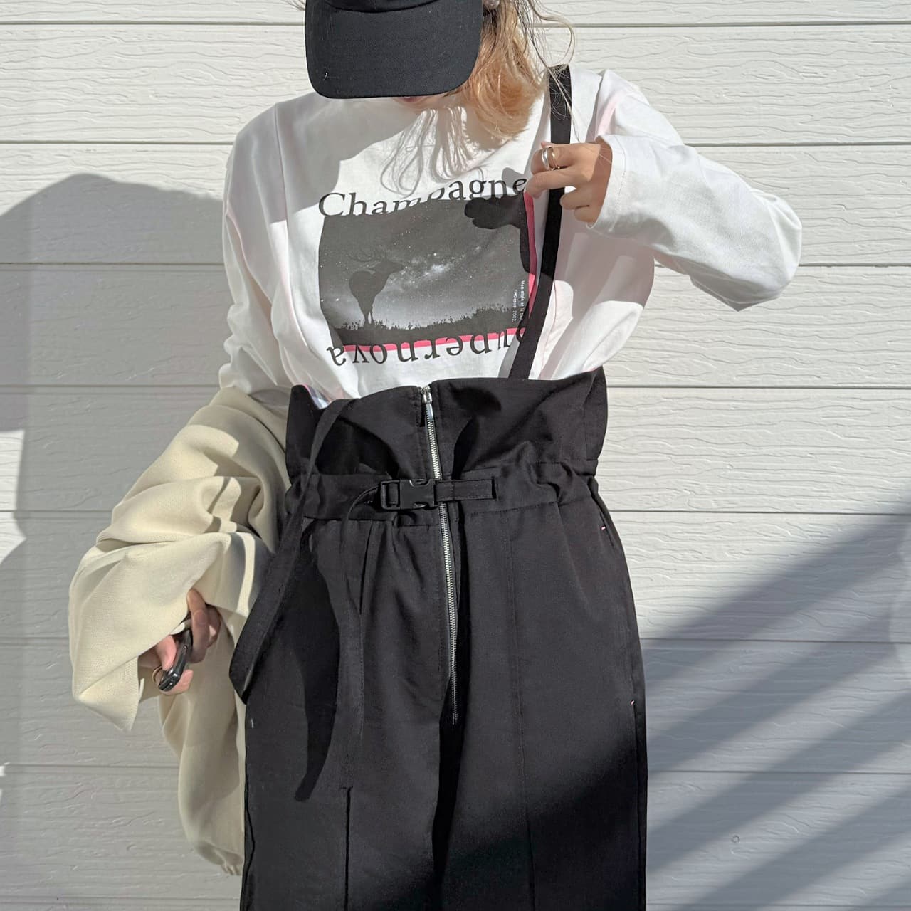 ボーダーリブサスペ2wayパンツ ベージュ Free