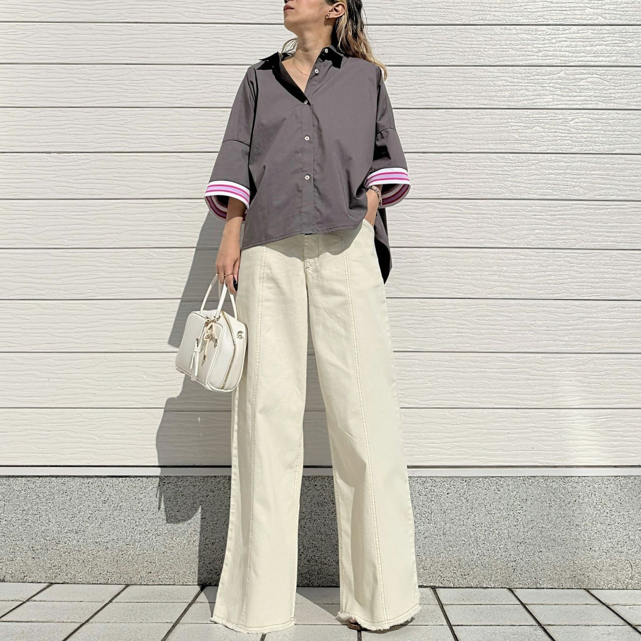 半袖リブドッキングシャツ ブルーストライプ Free