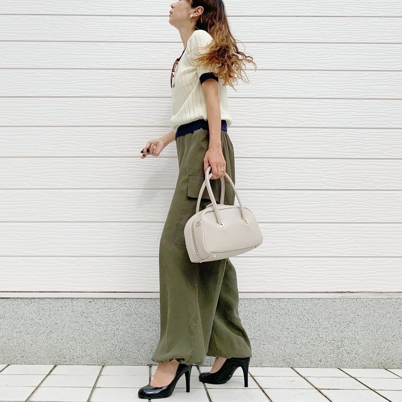 バイカラーケーブル半袖ニット ブラック Free