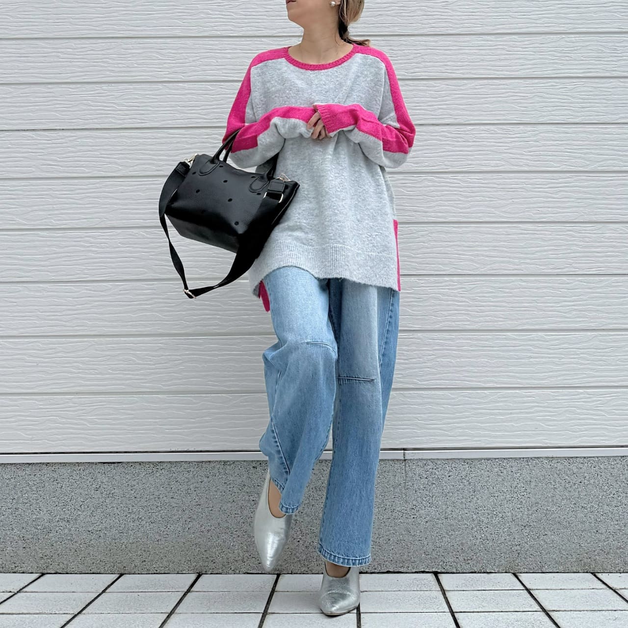 やわもちラインクルーネックニット ブルー Free