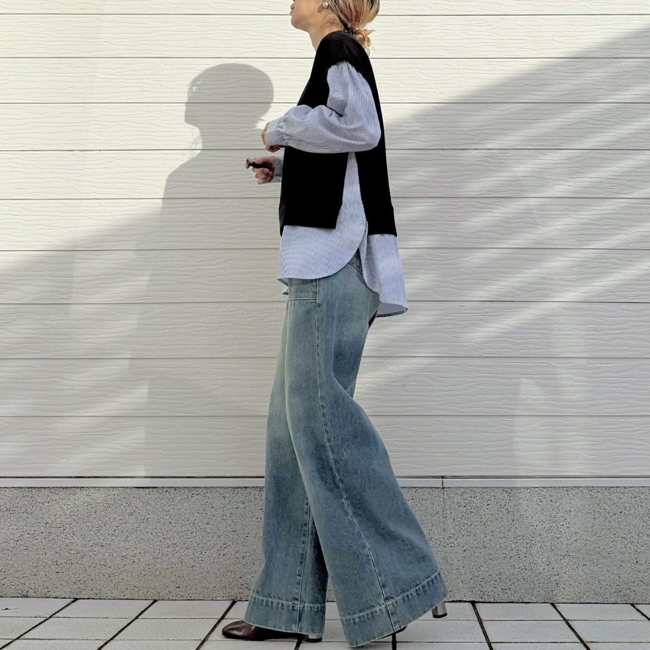 ストライプシャツドッキングニット ホワイト Free