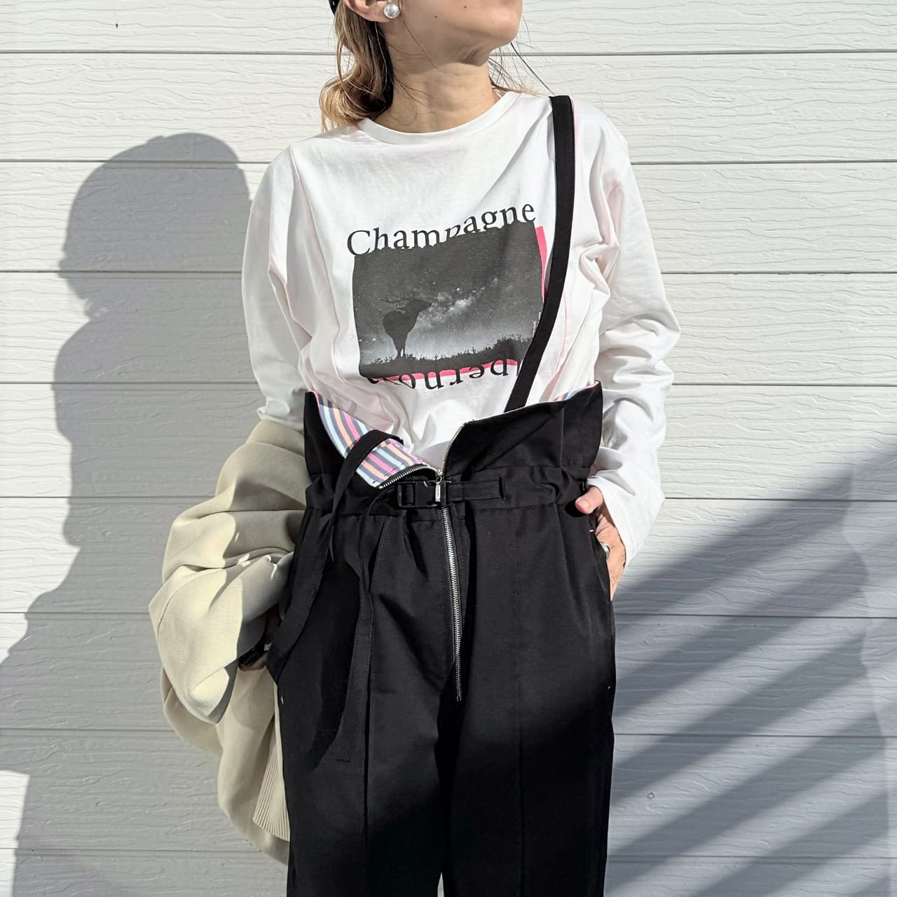 ボーダーリブサスペ2wayパンツ ベージュ Free