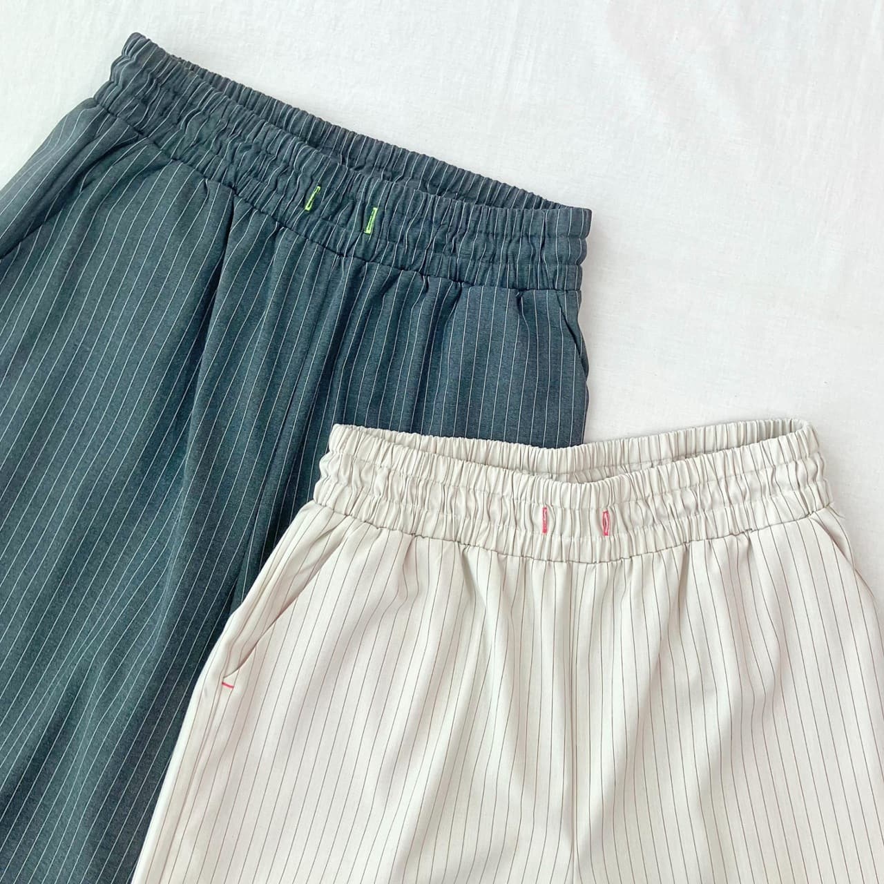 【セットアップ対応アイテム】ストライプウエストギャザーワイドパンツ アイボリー Free