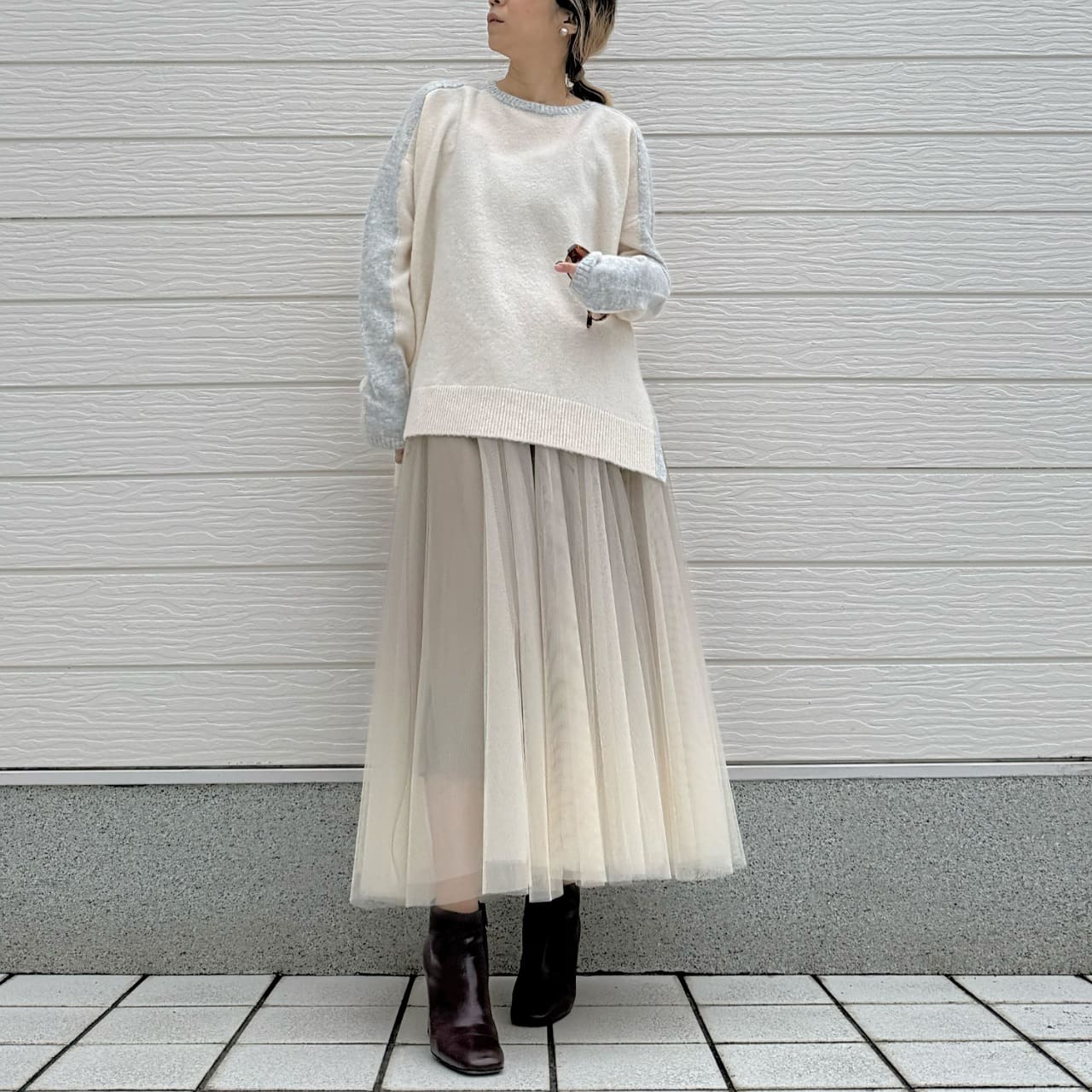 やわもちラインクルーネックニット ブルー Free