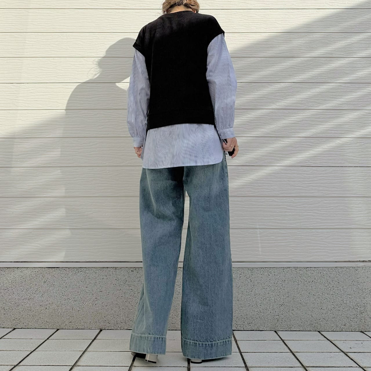 ストライプシャツドッキングニット ホワイト Free