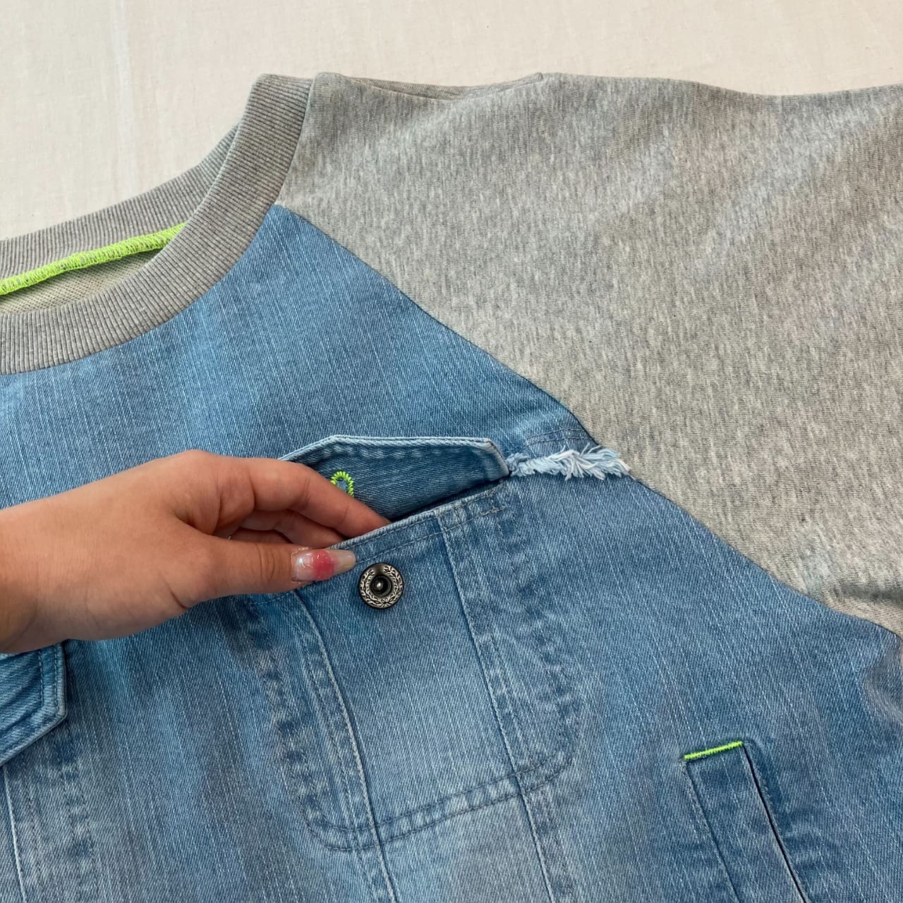 デニム裏毛ドッキングトレーナー ライトブルー Free